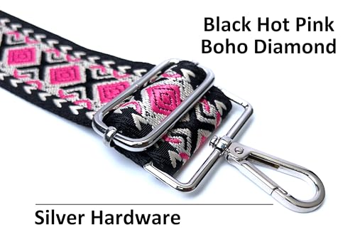 Image of Black Hot Pink Boho Diamond Purse Strap with Silver Hardware 2 Inch Wide Replacement Crossbody Guitar Style Shoulder Strap for Handbags Totes