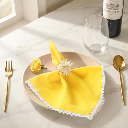 Image of FINGERCRAFT Lace Trim Cloth Napkins Set of 6, 20x20 Inch Cotton Linen Blend Dinner Napkins, Reusable Washable Table Napkins for Wedding, Farmhouse Dining, Parties & Home Decor (Lemon)