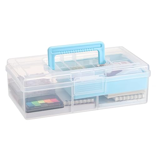 IGNPION Clear Craft Stackable Storage Box with Storage Tray Plastic 5-compartment Mulit Purpose Storage Container for Storing&Organising, Arts Crafts,Stationery,Sewing,Nail Art,Medicines(Wathet)