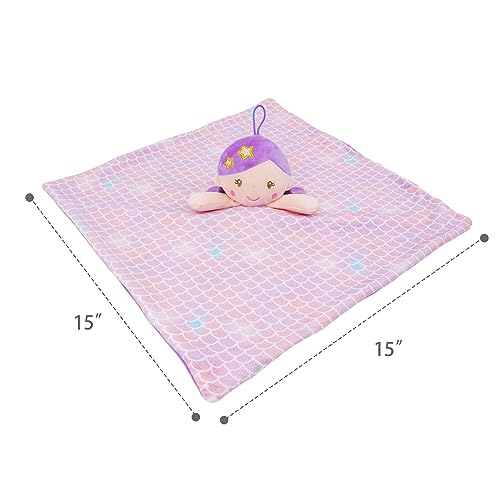 Image of June Garden Cozy Dream Fleece Baby Security Blanket - Infants Nursery Bed Blankets with Rattle - 15 x 15 inches Lovey - Soft Baby Doll Plush - Mermaid