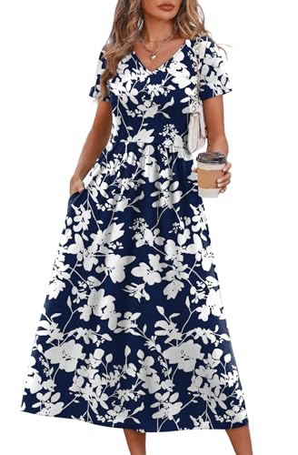 OFEEFAN Summer Dresses for Women Flowy Short Sleeve V Neck A Line Dress Spring Beach...