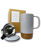 Mora Ceramics Large Tea Mug with Loose Leaf Infuser and Ceramic Lid, 18 oz, Portable, Microwave and Dishwasher Safe, Tall Coffee Cup - Rustic Matte Ceramic Glaze, Modern Herbal Tea Strainer, Sleet