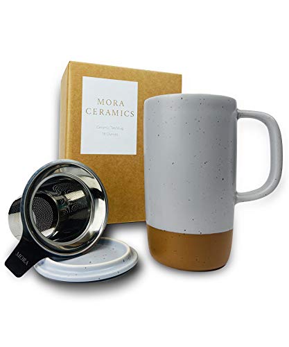 Mora Ceramics Large Tea Mug with Loose Leaf Infuser and Ceramic Lid, 18 oz, Portable, Microwave and Dishwasher Safe, Tall Coffee Cup - Rustic Matte Ceramic Glaze, Modern Herbal Tea Strainer, Sleet