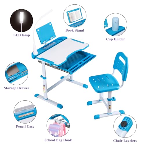 UNICOO Kids Study Table and Chair Set, Height Adjustable Kids Desk, Ergonomic Study Desk for Kids, with Premium Quality LED Lamp, Tilt Desktop, Pull Out Drawer Storage（Blue - Thumbnail 2