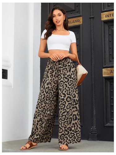 OYOANGLE Women's Leopard Print Elastic High Waist Wide Leg Pants Tie Front Pockets Loose Casual Trousers4