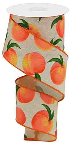 Craig Bachman 2.5" x 10 Yards Peaches on Royal Burlap Ribbon with Wired Edge, Cream Fruit Pattern Decorative Ribbon for Wreath Making, Garland, Spring Floral Design, and Summer Fruit Decor - RGC1224C2