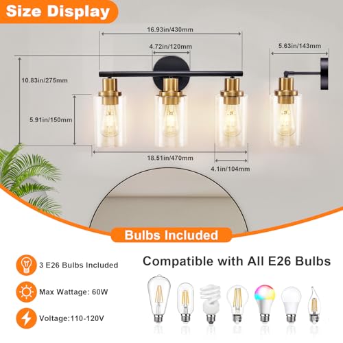 Image of DLLT 3-Light Bathroom Light Fixtures: Black and Gold Modern Vanity Lights with 3 E26 Bulbs - Clear Glass Shade Bathroom Wall Lamp for Mirror Kitchen Living Room Hallway Cabinet Porch