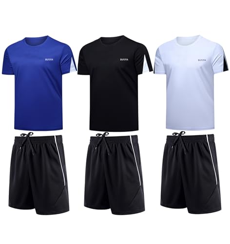 BUYJYA Herren-Trainingskleidung, athletische Shorts und Shirt-Set, 3er-Pack, für Basketball, Fußball, Training, Laufen, Fitnessstudio, Schwarz-Weiß-Blau, XX-Large BUYJYA Herren-Trainingskleidung, athletische Shorts und Shirt-Set, 3er-Pack, für Basketball, Fußball, Training, Laufen, Fitnessstudio, Schwarz-Weiß-Blau, XX-Large