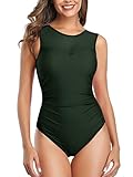 Summer Mae Damen Bademode Masche Schlankheits Badeanzug High Neck Bauchweg Einteilig Strandmode Armeegrün M