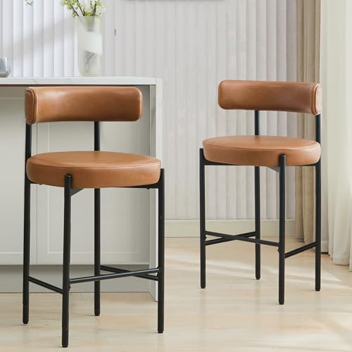 Butacos de barra de cuero sintético, altura 30 pulgadas, color marrón, respaldo curvo, asiento acolchado de 3,5 pulgadas, silla tapizada para mostrador, capacidad de peso de 350 libras miniatura 1