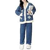 [MilaCorinna] レディース パジャマ 前開き あったか ルームウェア ボタン付き セットアップ 長袖パジャマ もこもこ 厚手 ふわふわ フランネル ケーブル柄 女性用 ホームウエア 上下セット 部屋着 大人 保温 秋 冬 軽量 プレゼント ギフト