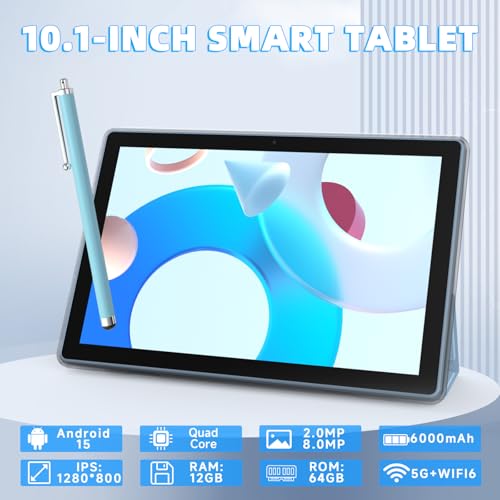 Image of 2 in 1 Android Tablet 10 Inch with Tablet Case and Stylus Pen Android 15 Tablet 5G WiFi-6 1280 x 800 Full HD IPS Display 6000mAh 64GB ROM + 12GB RAM (4+8 Virtal) 1024GB