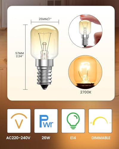 Bonlux E14 26W Backofenlampe, SES E14 Pygmy-Lampe, Hitzebeständig Bis 300 °C, Warmweiß 2700K, 230V für Mikrowellenherd, Dunstabzugshaube, Salzlampe, Kühlschrank, Herd, Gefrierschrank (2er-Pack)