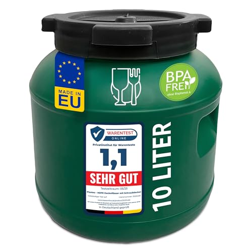 plasteo Weithalsfass Deckelfass lebensmittelecht stabiles HDPE Universalfass mit Schraubverschluss für Futter Lagerung und Transport grün (10 L Rund)