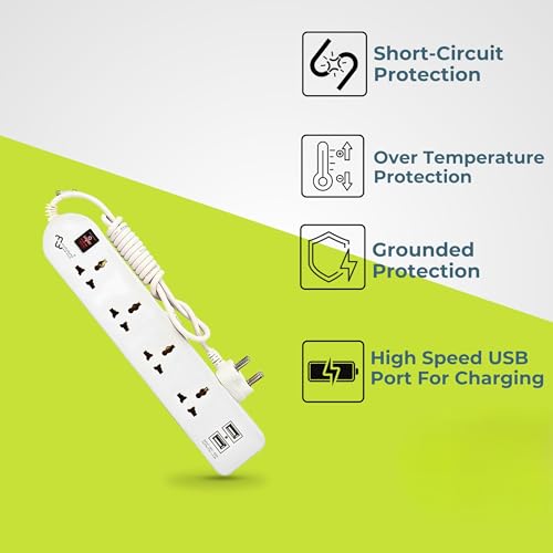 Image of MULTYBYTE 4 Socket 2 USB Port Outlet Extension Board, High Speed, Fast Charging- Power Strip, Surge Protector, 4M Cable Shockproof Fire-Retardant, Multipurpose Use Spike for Home & Office