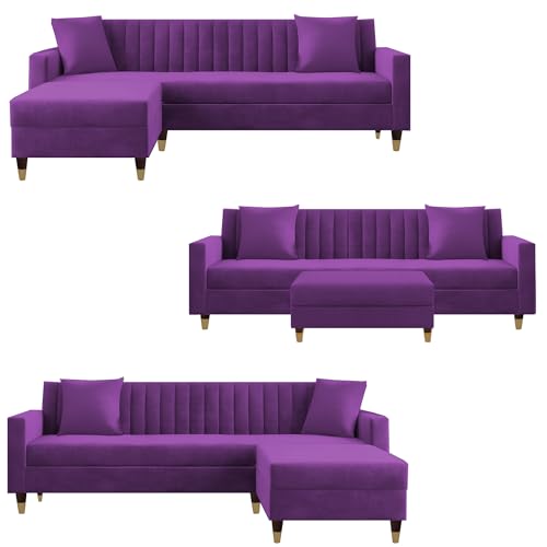 Image of Casaliving Garcia 4 Seater L Shape Convertible Sofa Set for Living Room, 3 Seater & Ottoman Modular Sectional Couch for Small Space (Purple Colour Premium Fabric)