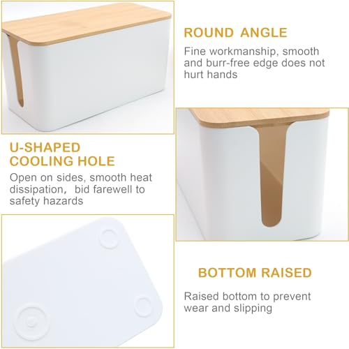 Kabelbox Weiß Kabelbox mit Bambusdeckel Kabelorganizer Kabelmanagement Box zum Verstecken von Kabeln und Steckern