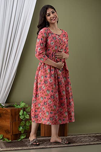 Image of Women's Rayon Printed Maternity Dress Pregnancy Casual 3 /4 Sleeve Dual Zipped for Feeding Nursing Maternity Comfort Dress Kurta