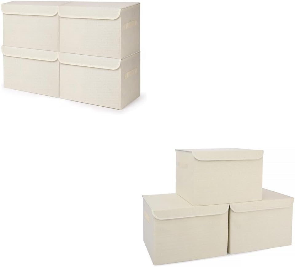 Large 22 Quart Linen Fabric Foldable Storage Bin + Large 42 Quarts Collapsible Stackable Storage Bin, Beige