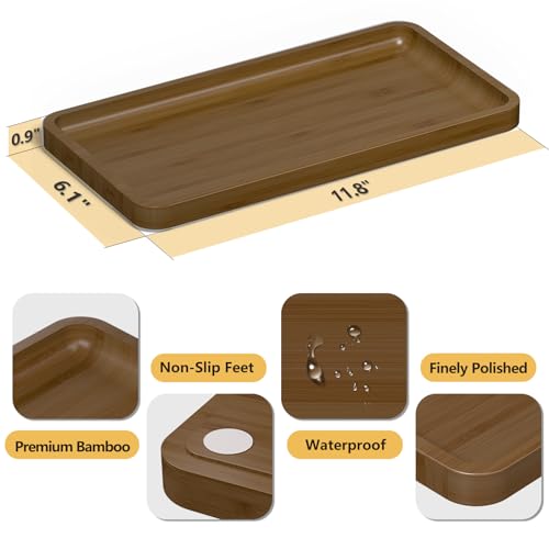 Image of Weenson Bathroom Vanity Tray for Soap Dispenser, Perfume, Makeup, Dresser Jewelry, Decor, Candle, Bamboo Kitchen Tray for Counter Coffee Spice Salt Brown Toilet Tank Tray11.81 inchL x 6.1 inchW x 0.79 inchH