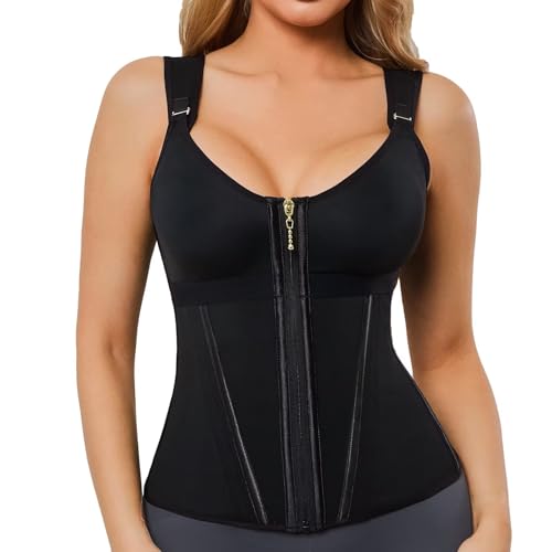 DKZQQ Curvy Waist Trainer With Bra Steel Boned Adjustable Shoulder Strap Waist Cincher Postpartum Recovery Faja Body Shaper Black M