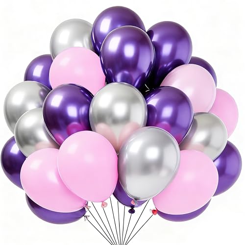 Yehnda Ballon Violet Rose, 60 Pièces 12 Pouces Ballons Anniversaire Roses Violets et Argenté Métallique pour Mariage Filles Baptême Douche Nuptiale Fête