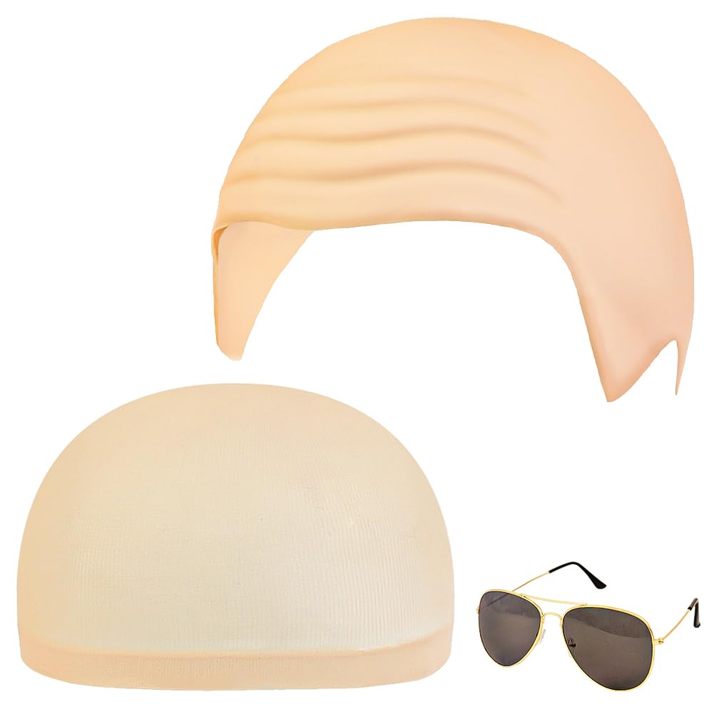 Alaoo Bald Skin Head Cap, 3 PCS Bald Head Skull Wig Cap with Hairnet Sunglasses, Fancy Dress Cosplay Hat Costume Accessory for Stage Plays, Movies, Club Activities Halloween Party
