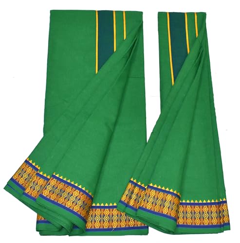 Image of TUNI MANI Men's Panchakacham Dhoti with Angavasthram with Zari Border, Cotton, Size: 9 X 5 (4.0mtr Dhoti, 2.25mtr Towel)