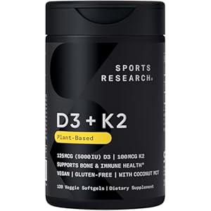 Sports Research Vitamin D3 with K2 Softgels – Plant Based K2 & Vegan D3 5000iu with Coconut MCT Oil – Vegan Certified, Soy & Gluten Free – 120 Count
