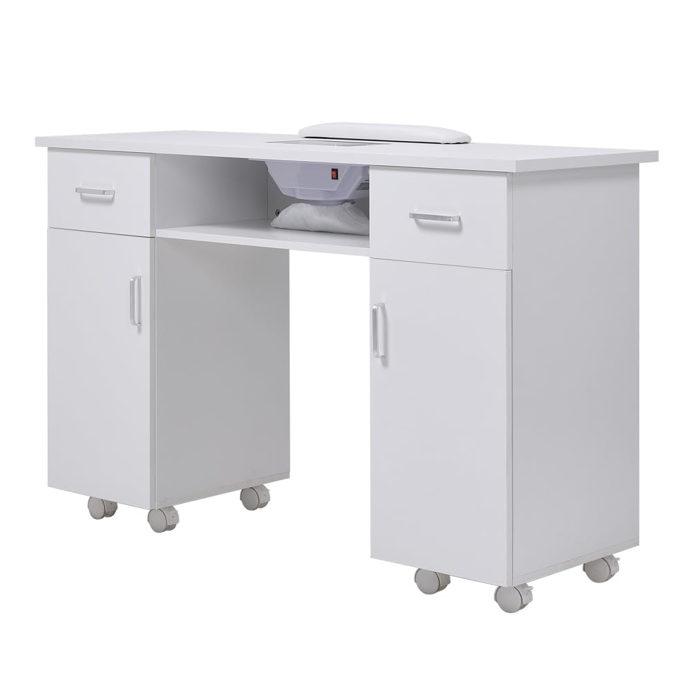 Warmiehomy Professional Dust Collector Nail Salon Manicure Table Nail Station Dust Collector Table Beauty Desk 8 Castor Wheels 2 Pull Out Drawers 2 Cupboard for Home Salon 120 * 45 * 80cm(White)