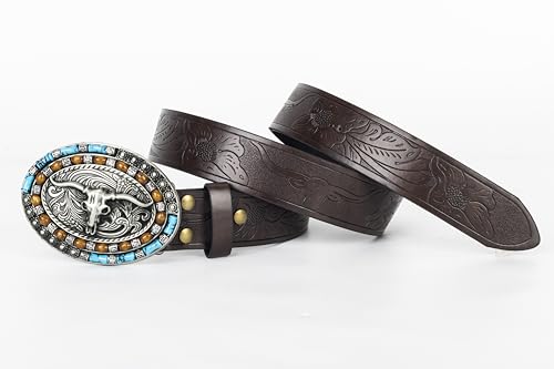 Bawnhaw Western Cowboy-Belts for Women Big-Buckle Longhorn-Bull PU-Leather Rodeo Cowgirl-Belt Engraved Floral - Waist 25-38"