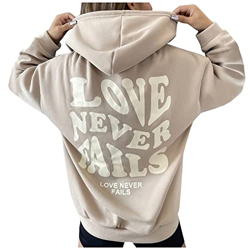 Lemononstore Love Never Fails Hoodies Funny Letter Back Sweatshirts Loose Casual Daily Long Sleeve Pocket Pullover Tops Beige #TOP7