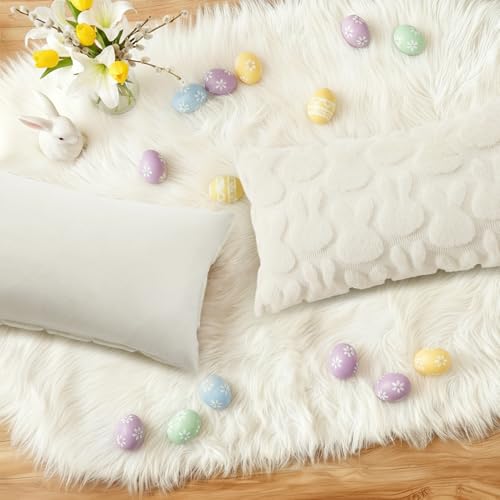 Image of decorUhome Easter Bunny Pillow Covers 12x20 Inch Set of 2, Soft Plush Faux Wool Jacquard Cream White Rabbit Cushion Covers, Farmhouse Neutral Spring Easter Holiday Decor for Couch Sofa Bed