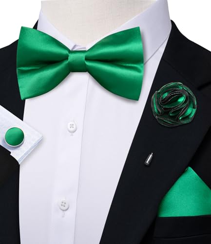 Image of Solid Color Bow Ties for Men Silk Pre-tied Tuxedo Bowtie Set 4PCS | Pre-tied in 3 seconds,adjustable 4PCS bow tie and pocket square cufflinks lapel pin set,wedding,formal,party,prom,graduation