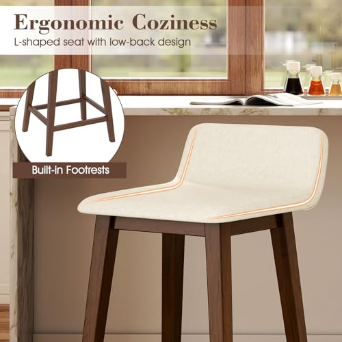 Conjunto de 4 butacos tapizados de madera COSTWAY, altura 24 pulgadas, color marrón + beige | Butacos sin brazos con respaldo bajo, reposapiés resistente y patas de madera de caucho para isla de cocina, bistró y comedor miniatura 6