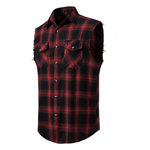 Mens Sleeveless Plaid Shirt Casual Flannel Button Down Shirts Loose Fit with Pocket2