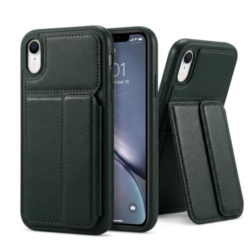 Image of amazon basics Luxury Vegan Leather Back Cover for iPhone XR | Built-in Card Holder Slot | Integrated Mobile Stand | Slim Shockproof Protective Case with Stitched Finish - Green