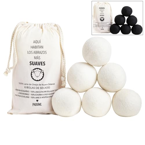 PADUNE® 6 Bolas de Lana Secadora 7cm+Bolsa | 100% Naturales y Reutilizables | Suavizan la ropa, reducen arrugas y tiempo de secado | Alternativa al suavizante de ropa y las bolas de plástico (Blanca)