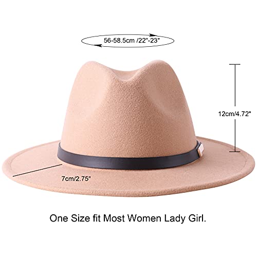 Lanzom Women Lady Retro Wide Brim Floppy Panama Hat Belt Buckle Wool Fedora Hat Fit Size 6 8/7-7 1/4(01-Camel, One Size) #TOP1