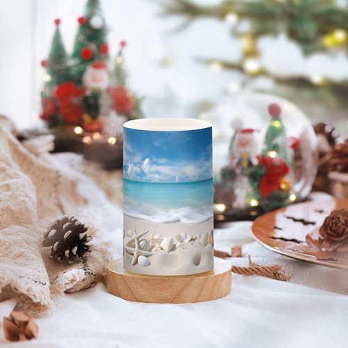 Image of Flickering Flameless Candles, Starfishes Seashells Beach Blue Sky LED Candles with Remote Timer, Set of 2 Battery Operated Candle for Valentine Wedding Birthday