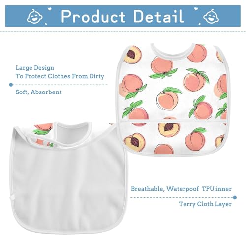 MCHIVER Peach Fruit White Baby Bibs for tag1 Waterproof Feeding Bib Apron with Food Cather Adjustable Cotton Food Eating Bib 2 Pack3