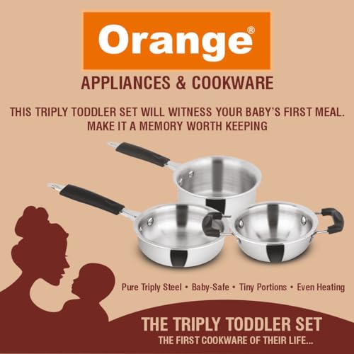 Image of ORANGE Triply Toddler Cookware Set /Gift Set (3 Pc) - Kadai, Fry Pan & Sauce Pan | 2.5mm Thick, Gas Stove Compatible | Heavy Bottom, Cool Touch Handle | Ideal for Baby Food | 5 Year Warranty