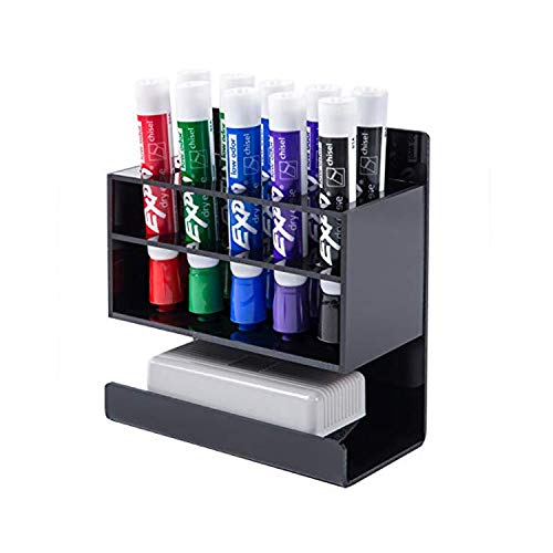 Dry Erase Marker Holder and Erasers - Wall Mount Pen Holder and  Dry Erase Erasers - Acrylic Pen Holder Stand for Marker Storage and Whiteboard Accessories Organizer - Less Mess