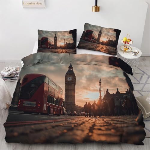 HATEGE Housse de Couette 220x240 Londres Parure de Lit Réversible Autobus de Londres 3D Housse Couette Microfibre Ensemble de Literie 2 Taies d'oreiller 65x65...