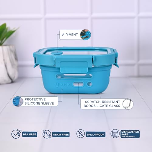 Image of GLASAFE Glass Lunch Box for Office w /t Air Tight Glass lid & Protective Silicone Sleeve | Tiffin Box for Men & Women | 100% Borosilicate Glass | Microwave & Dishwasher Safe | 320ml (Blue)