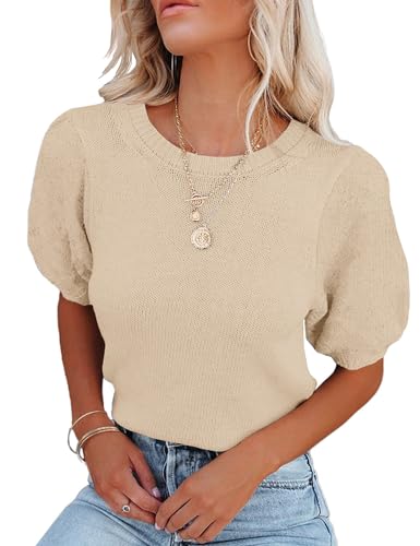 Image of Womens Short Sleeve Sweaters Crewneck Knit Pullover Tops 2025 Summer Casual Lightweight Crochet Blouse Shirt