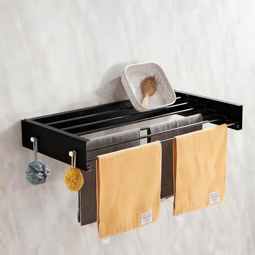 Wäscheständer Wandmontage, Wäschetrockner Wand mit 4 Stangen, Trockenständer 50cm, Ausziehbar, Faltbar Hide, Platzsparender, Kohlenstoffstahl, für Badezimmer, Balkon, Terasse (Schwarz mit Haken)