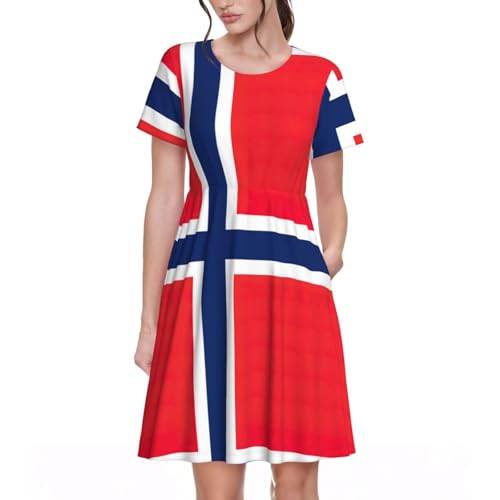 Robe d'été à manches courtes imprimé norvégien fluide col rond