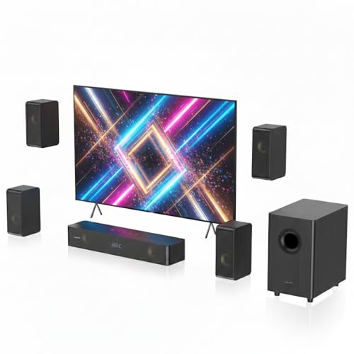 Image of Wooden 5.1.2 Sound Bars for Smart TV, 4 Surround Speakers Wired, Virtual Surround Sound System for Small Rooms, Home Theater Sound System TV Soundbar with Wired 5.25