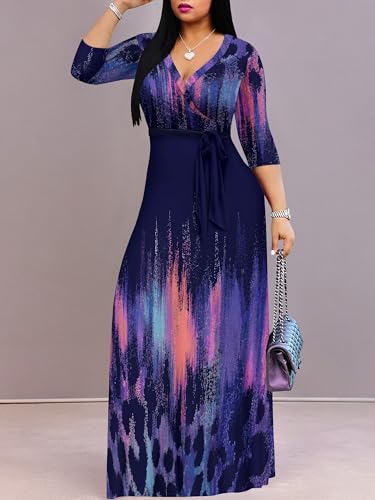 Image of PinkPatty Plus Size Dresses for Curvy Women V Neck Flowy Long Sleeves Wrap Maxi Dress Travel Vacation Outfits
